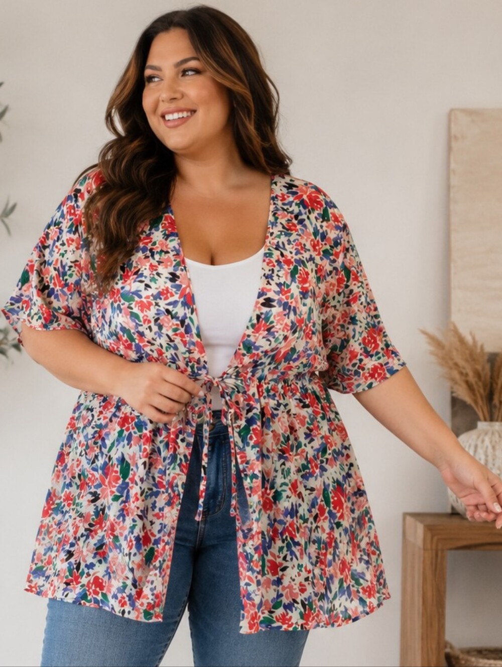 In Every Story Plus Size Colorful Floral Boho FestivalDuster Kimono Tie Waist 2X